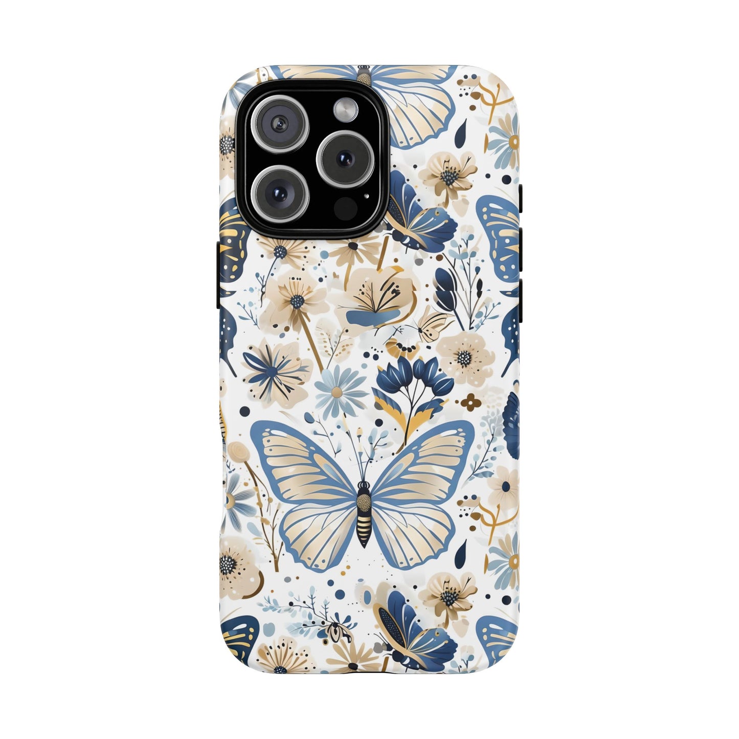 Blue & Gold Butterfly Floral Phone Case - Seamless Pattern Design Cover