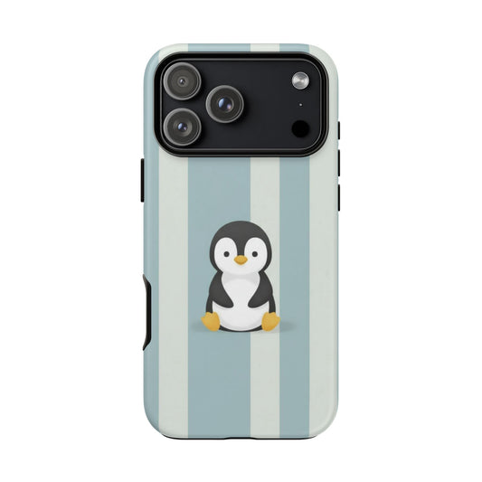 Baby Penguin Sitting Phone Case —  Blue Striped Protective Design Cover