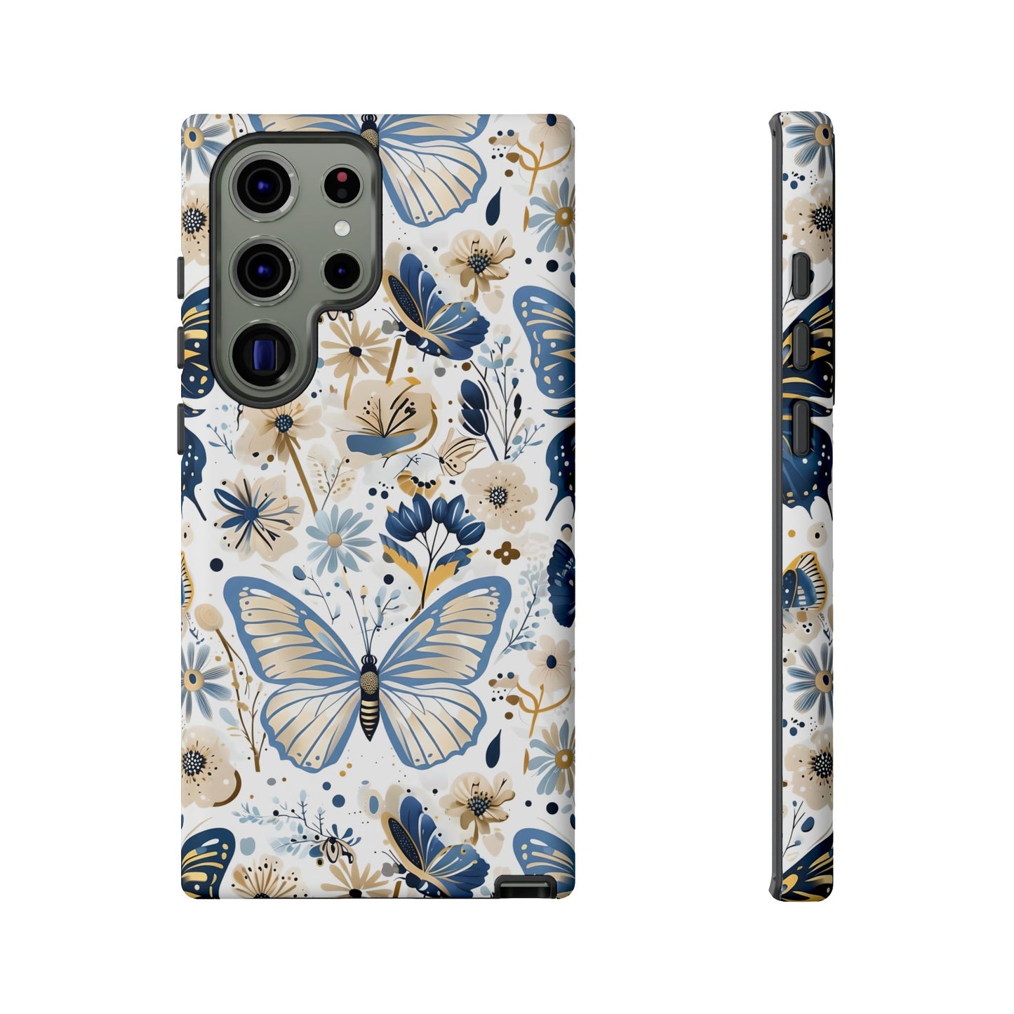 Blue & Gold Butterfly Floral Phone Case - Seamless Pattern Design Cover