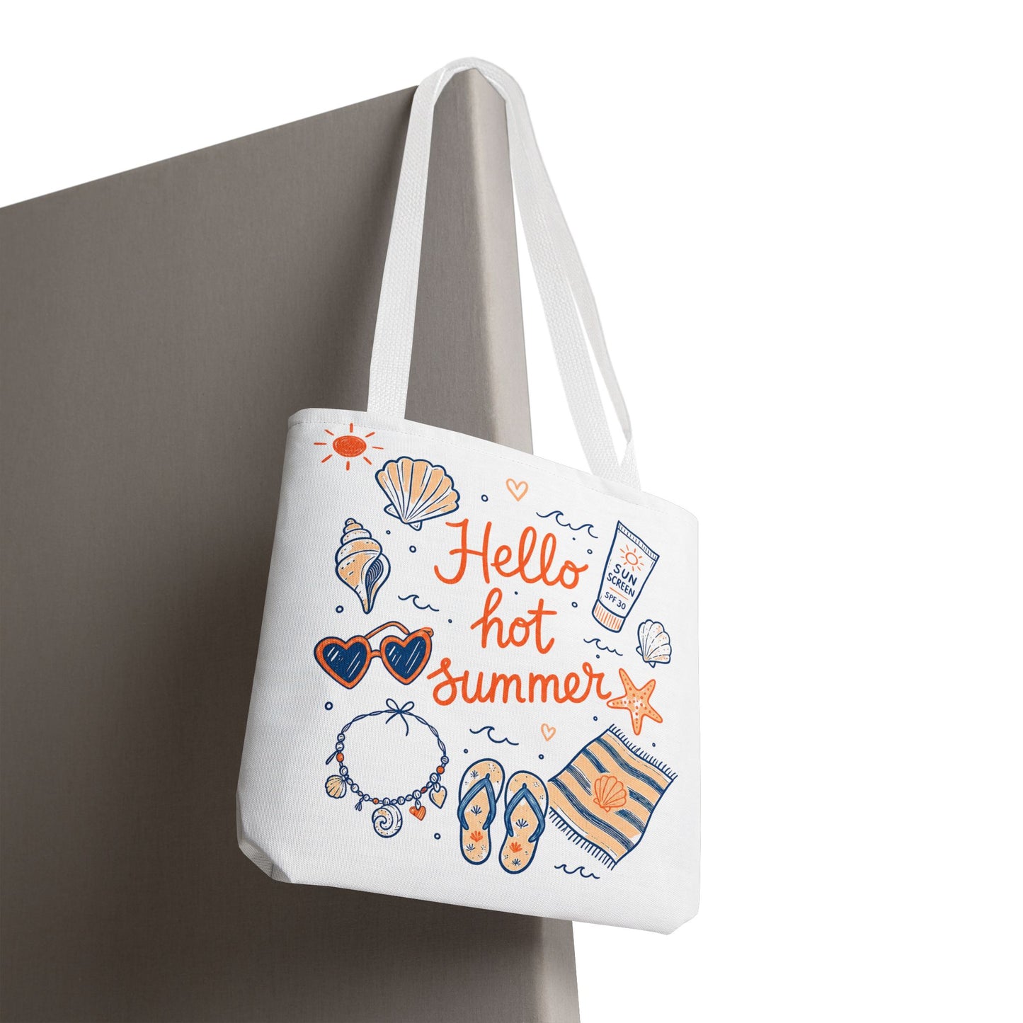 Hello Hot Summer Beach Tote Bag — All-Over Print Vacation Tote with Sunscreen & Seashell Design
