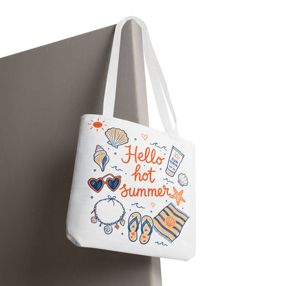 Hello Hot Summer Beach Tote Bag — All-Over Print Vacation Tote with Sunscreen & Seashell Design