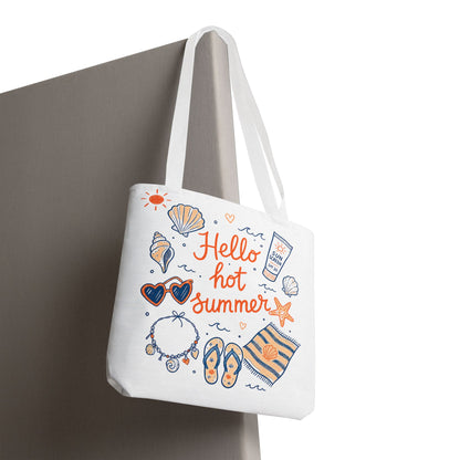 Hello Hot Summer Beach Tote Bag — All-Over Print Vacation Tote with Sunscreen & Seashell Design