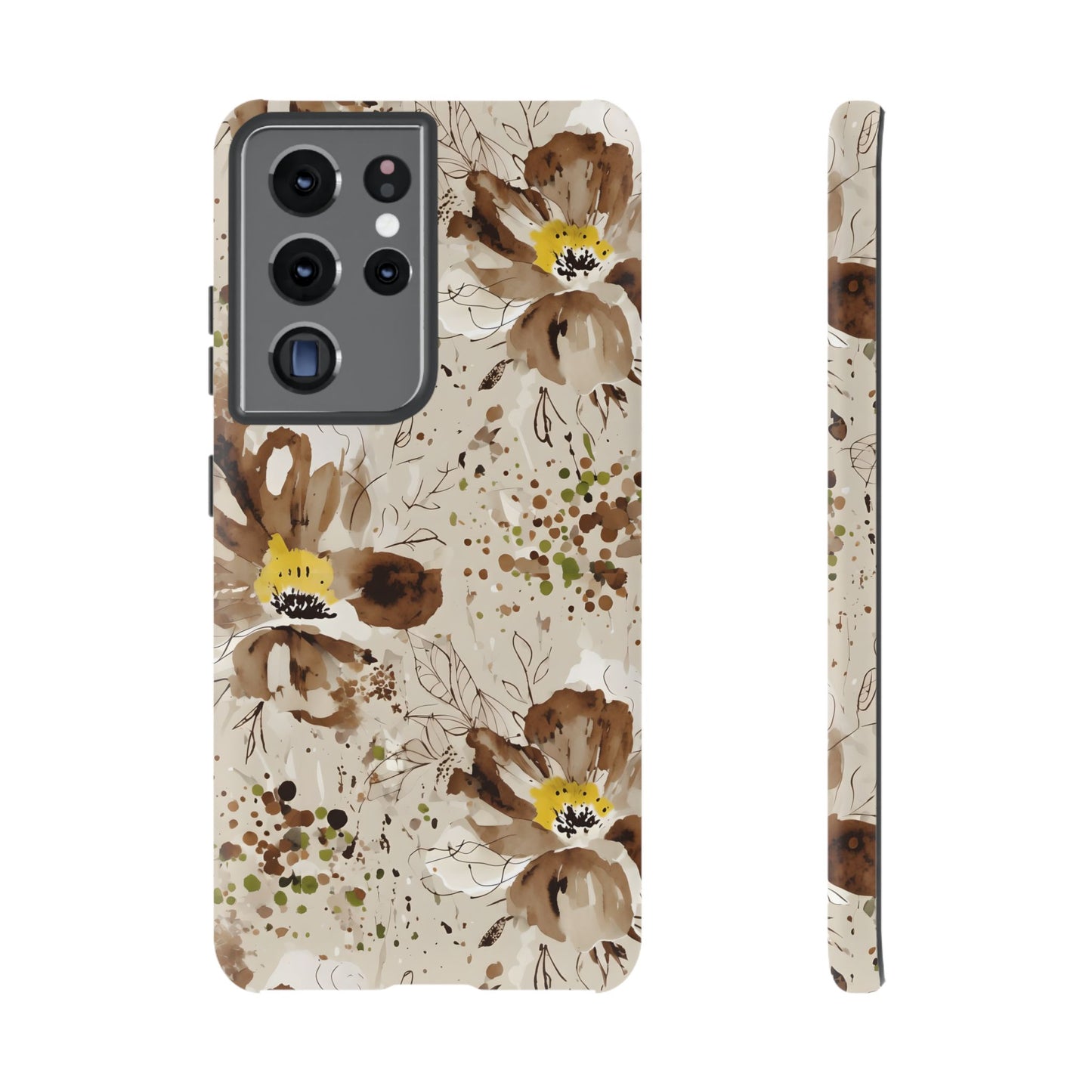 Brown Watercolor Floral Phone Case — Seamless Pastel Flower Protective Design Cover