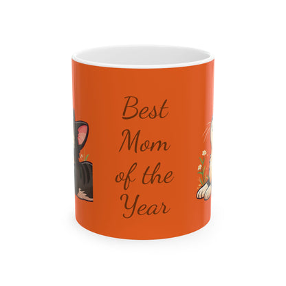 Best Mom of the Year Ceramic Mug — Floral Cat Customized Mother's Day Gift (11oz)