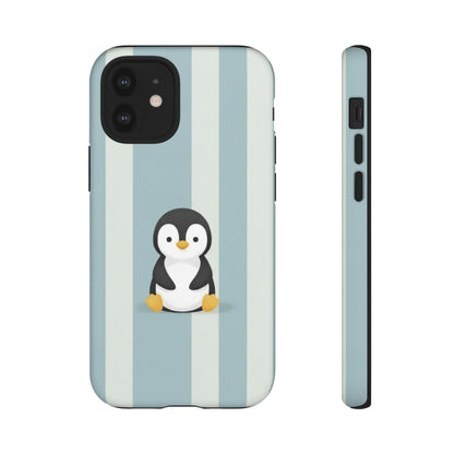 Baby Penguin Sitting Phone Case —  Blue Striped Protective Design Cover