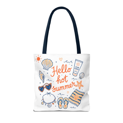 Hello Hot Summer Beach Tote Bag — All-Over Print Vacation Tote with Sunscreen & Seashell Design