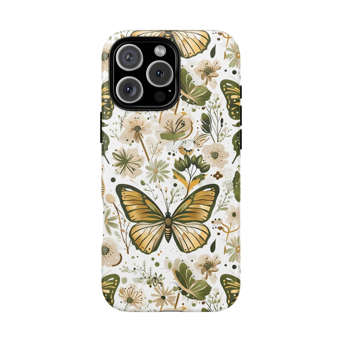 Olive Green & Gold Butterfly Floral Phone Case - Seamless Pattern Design Cover