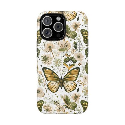 Olive Green & Gold Butterfly Floral Phone Case - Seamless Pattern Design Cover