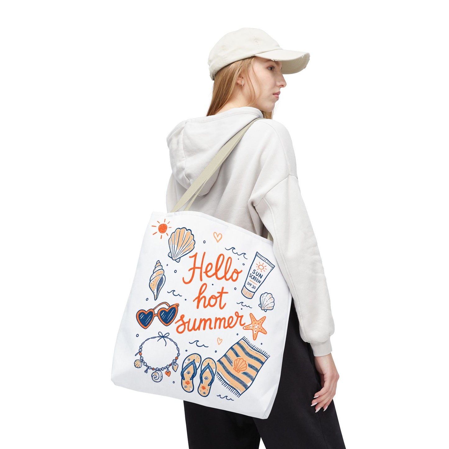 Hello Hot Summer Beach Tote Bag — All-Over Print Vacation Tote with Sunscreen & Seashell Design