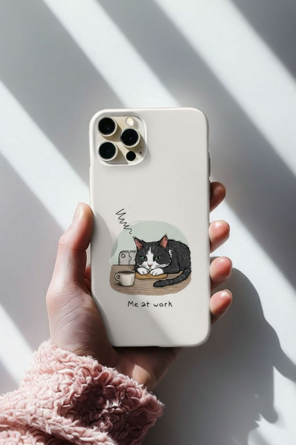 Cat “Me at Work” Phone Case – Tuxedo Cat Coffee Desk Design Cover