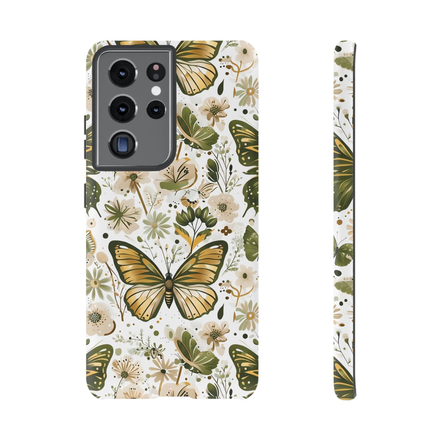 Olive Green & Gold Butterfly Floral Phone Case - Seamless Pattern Design Cover