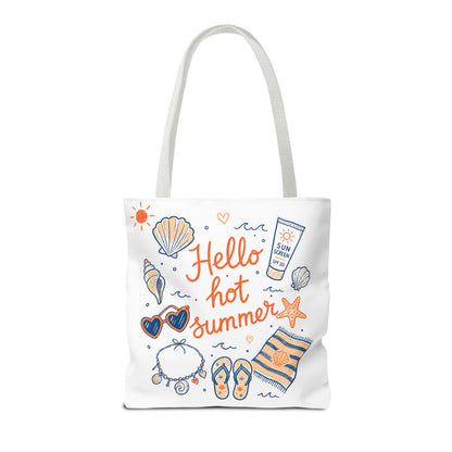 Hello Hot Summer Beach Tote Bag — All-Over Print Vacation Tote with Sunscreen & Seashell Design