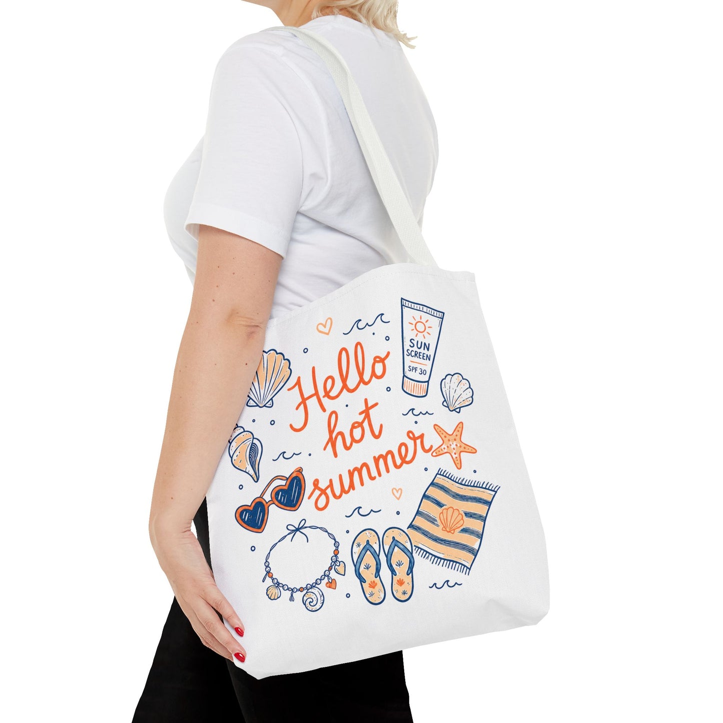 Hello Hot Summer Beach Tote Bag — All-Over Print Vacation Tote with Sunscreen & Seashell Design