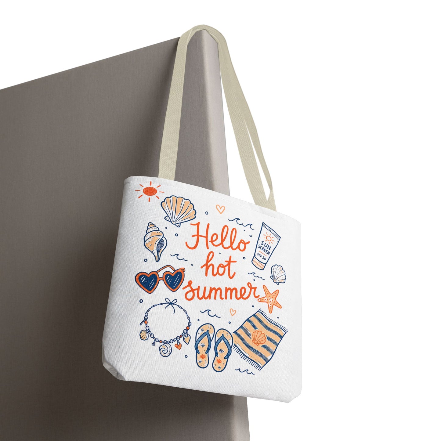 Hello Hot Summer Beach Tote Bag — All-Over Print Vacation Tote with Sunscreen & Seashell Design