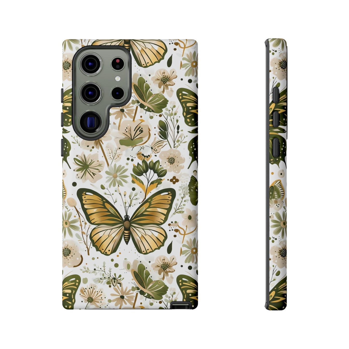 Olive Green & Gold Butterfly Floral Phone Case - Seamless Pattern Design Cover