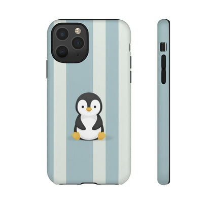 Baby Penguin Sitting Phone Case —  Blue Striped Protective Design Cover