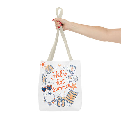 Hello Hot Summer Beach Tote Bag — All-Over Print Vacation Tote with Sunscreen & Seashell Design