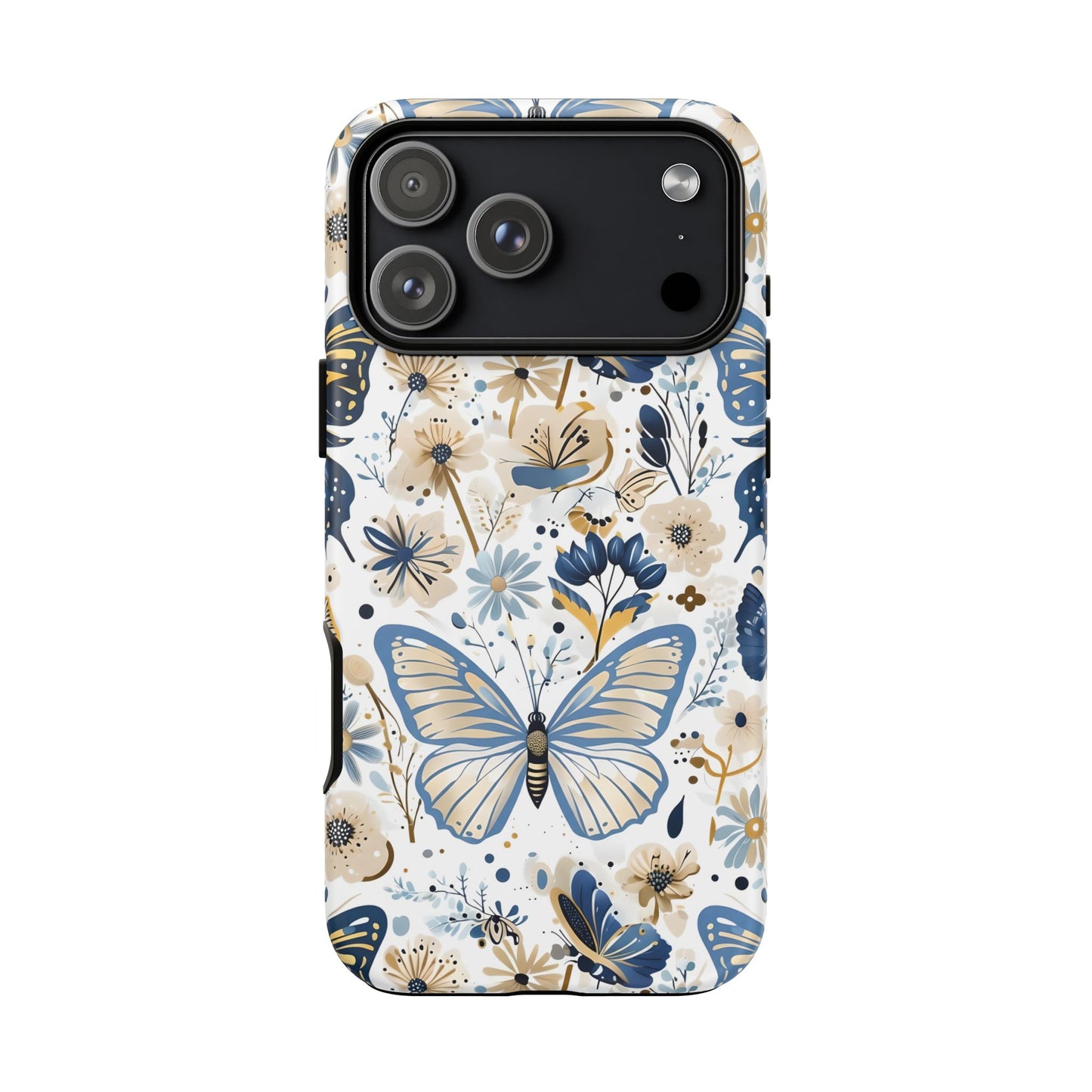 Blue & Gold Butterfly Floral Phone Case - Seamless Pattern Design Cover