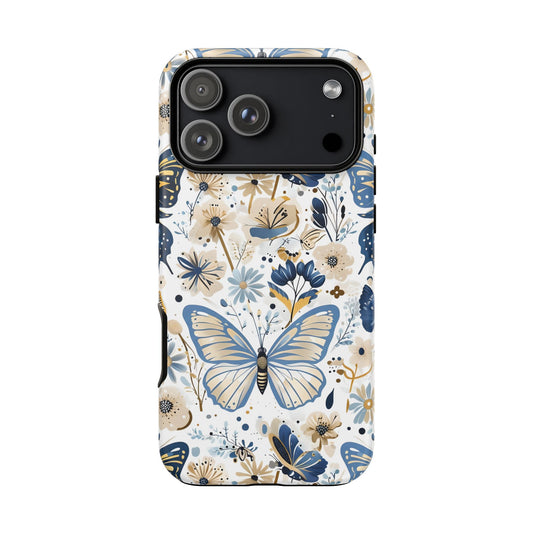 Blue & Gold Butterfly Floral Phone Case - Seamless Pattern Design Cover