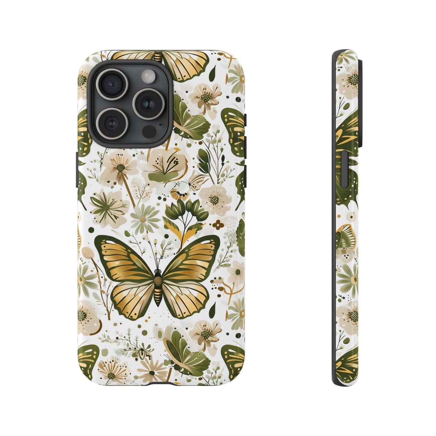 Olive Green & Gold Butterfly Floral Phone Case - Seamless Pattern Design Cover
