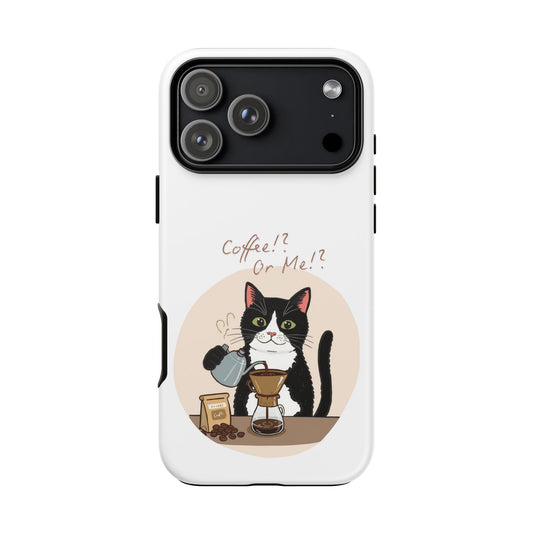 Cat Coffee Phone Case – "Coffee!? Or Me!?" Tuxedo Cat Protective Design Cover
