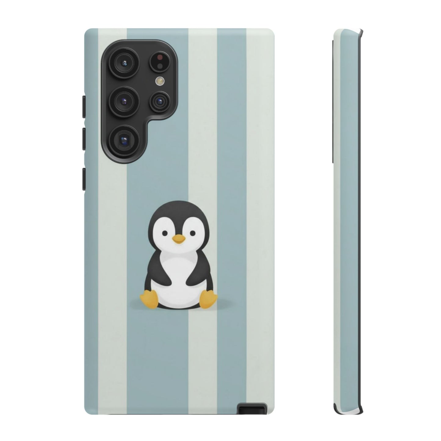 Baby Penguin Sitting Phone Case —  Blue Striped Protective Design Cover