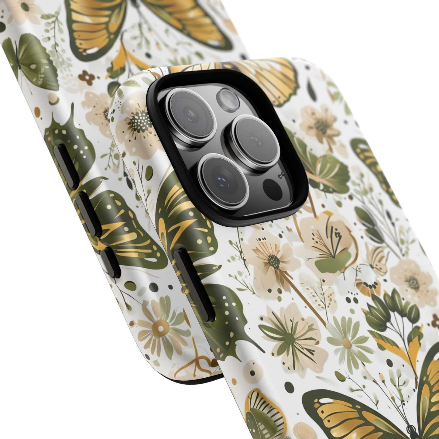 Olive Green & Gold Butterfly Floral Phone Case - Seamless Pattern Design Cover