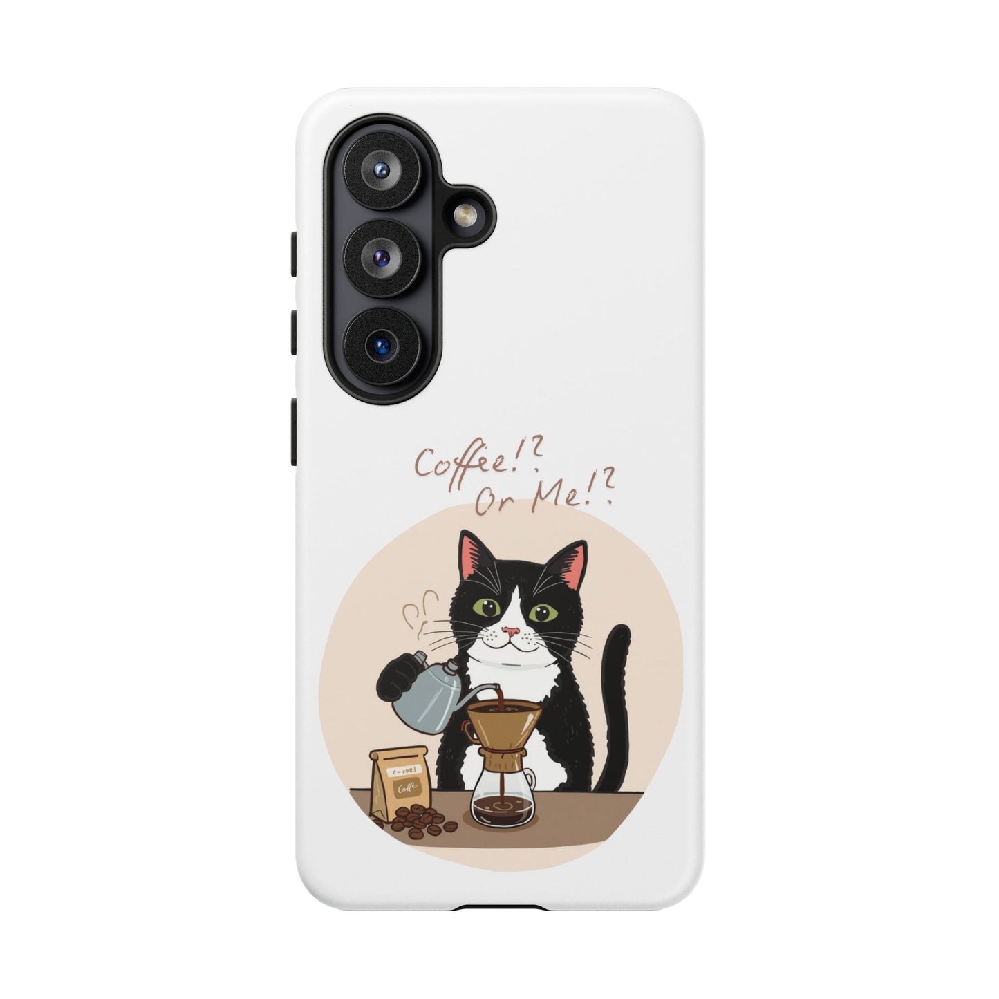 Cat Coffee Phone Case – "Coffee!? Or Me!?" Tuxedo Cat Protective Design Cover