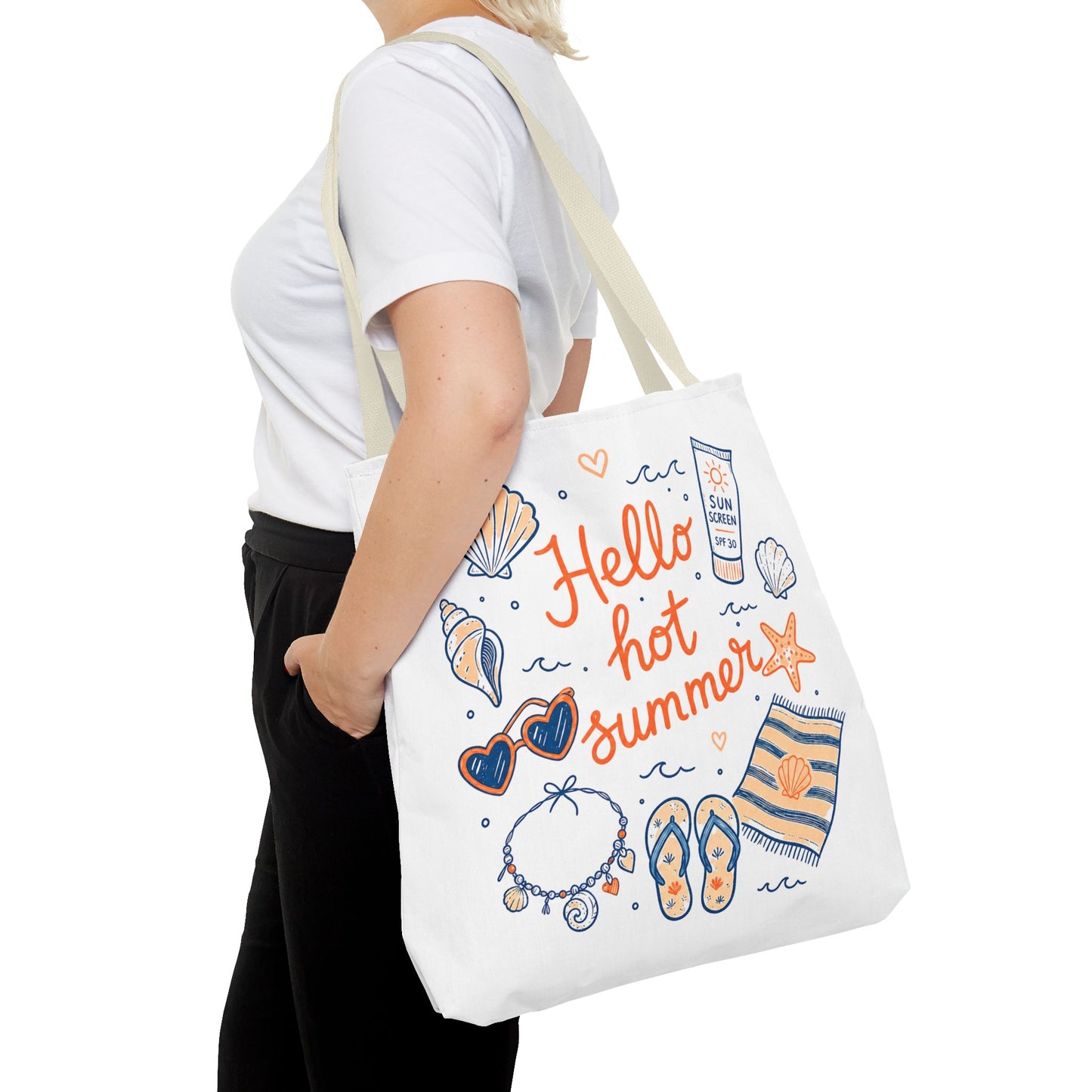 Hello Hot Summer Beach Tote Bag — All-Over Print Vacation Tote with Sunscreen & Seashell Design
