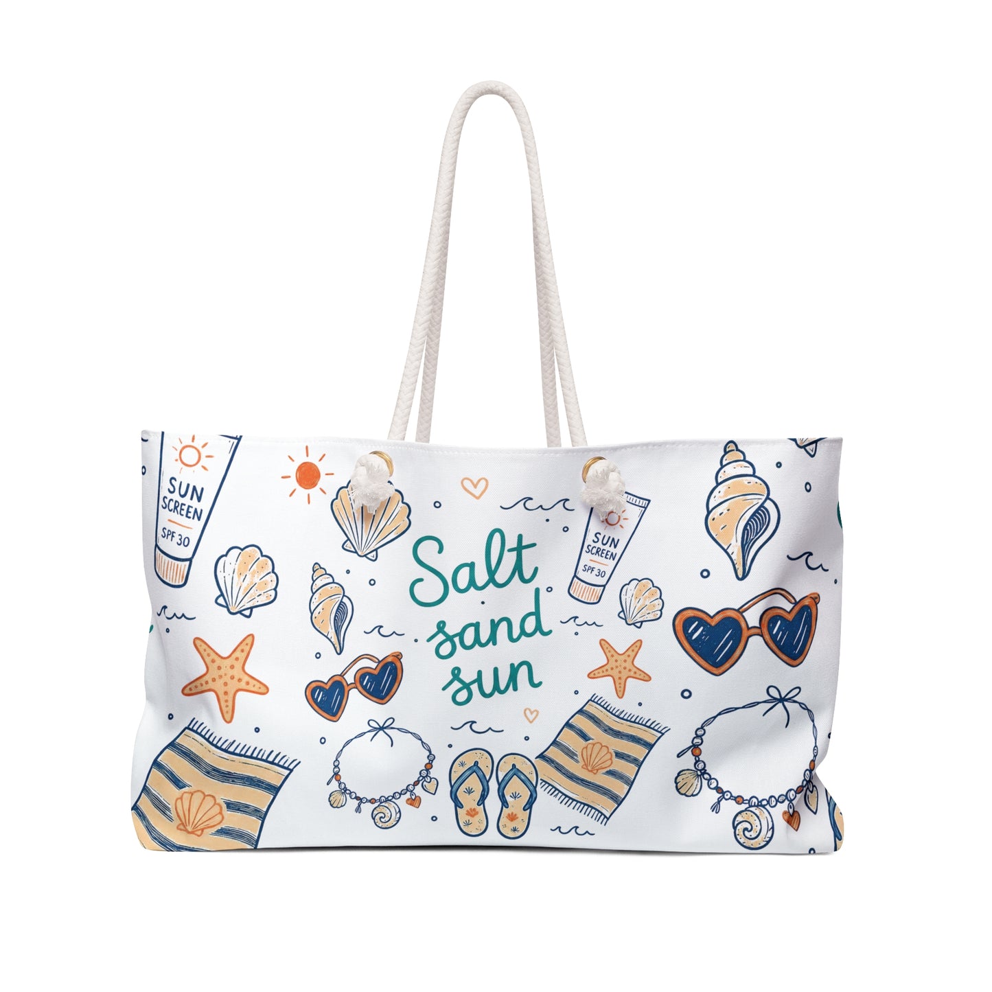 Salt Sand Sun Weekender Bag — Beach Tote with Seashells & Sunglasses Print