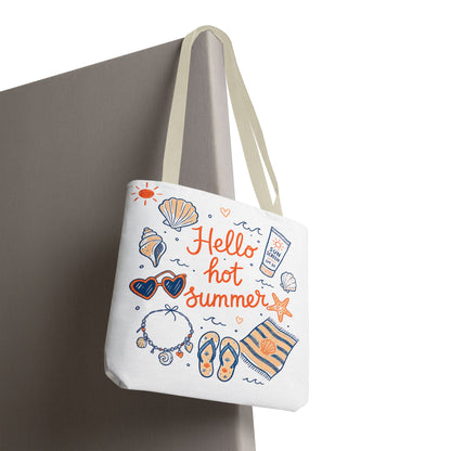 Hello Hot Summer Beach Tote Bag — All-Over Print Vacation Tote with Sunscreen & Seashell Design