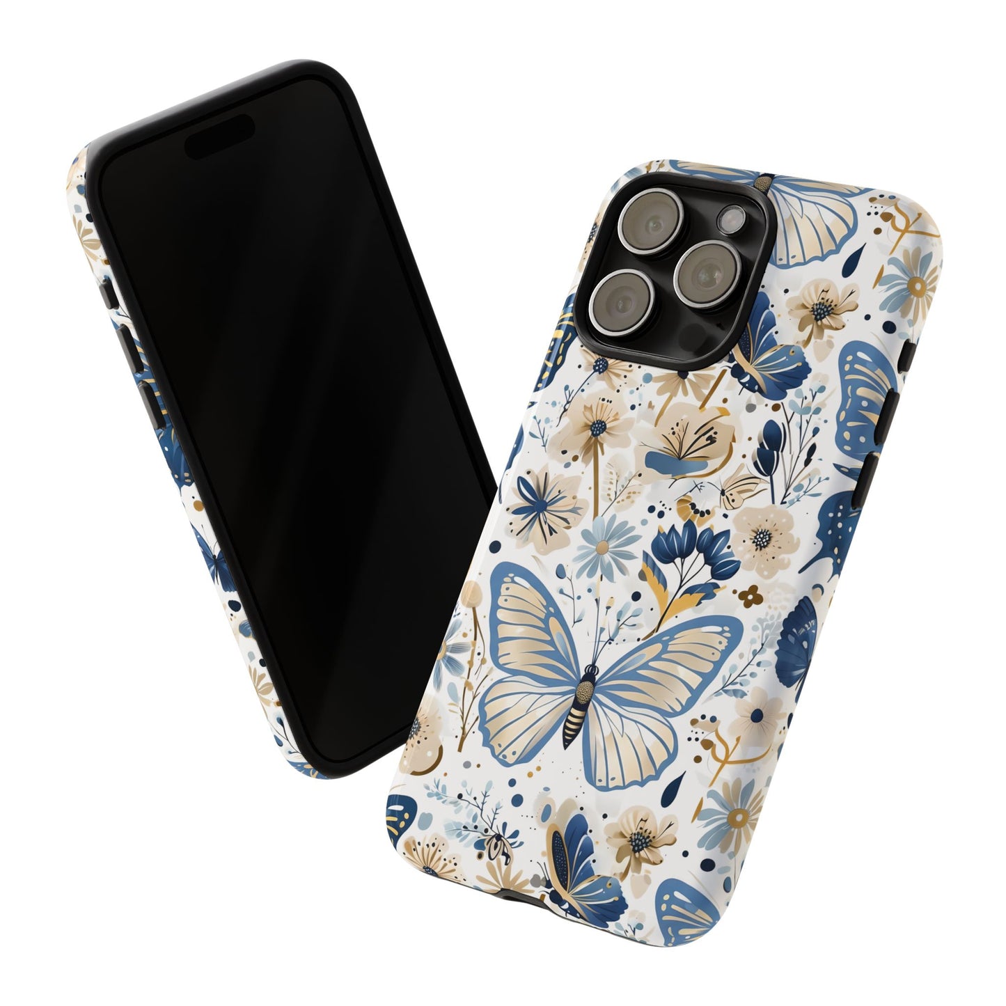 Blue & Gold Butterfly Floral Phone Case - Seamless Pattern Design Cover