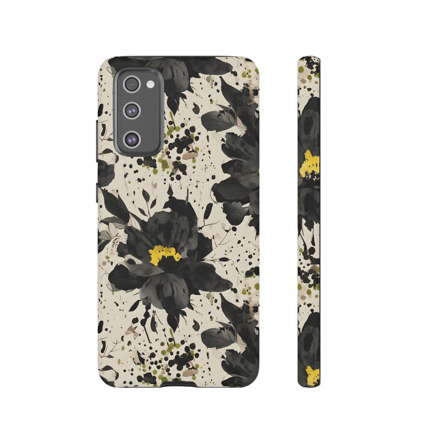 Black Watercolor Floral Phone Case — Seamless Pastel Flower Protective Design Cover