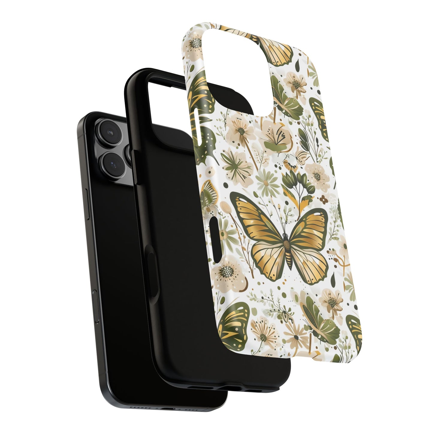 Olive Green & Gold Butterfly Floral Phone Case - Seamless Pattern Design Cover