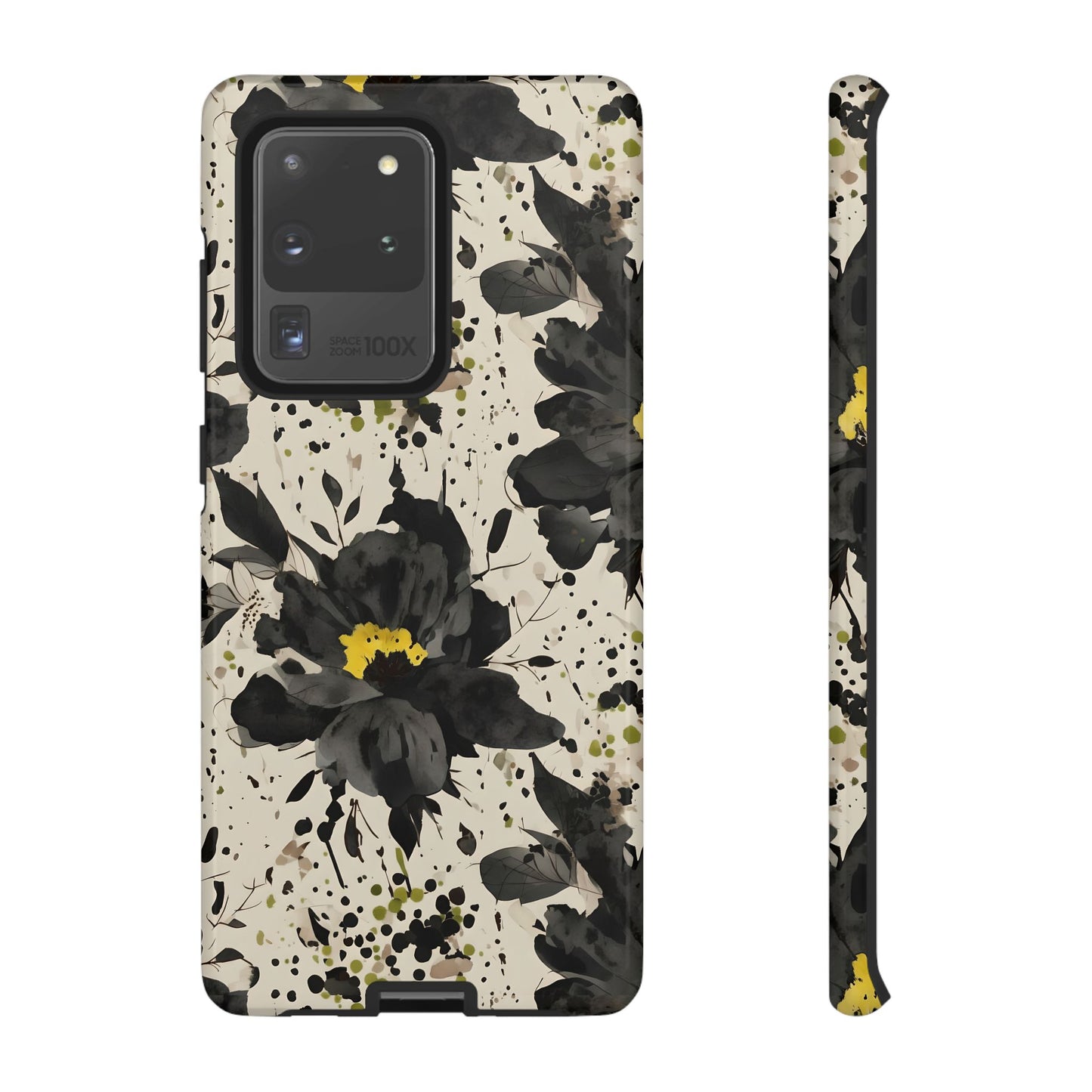Black Watercolor Floral Phone Case — Seamless Pastel Flower Protective Design Cover