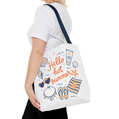 Hello Hot Summer Beach Tote Bag — All-Over Print Vacation Tote with Sunscreen & Seashell Design