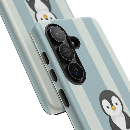 Baby Penguin Sitting Phone Case —  Blue Striped Protective Design Cover