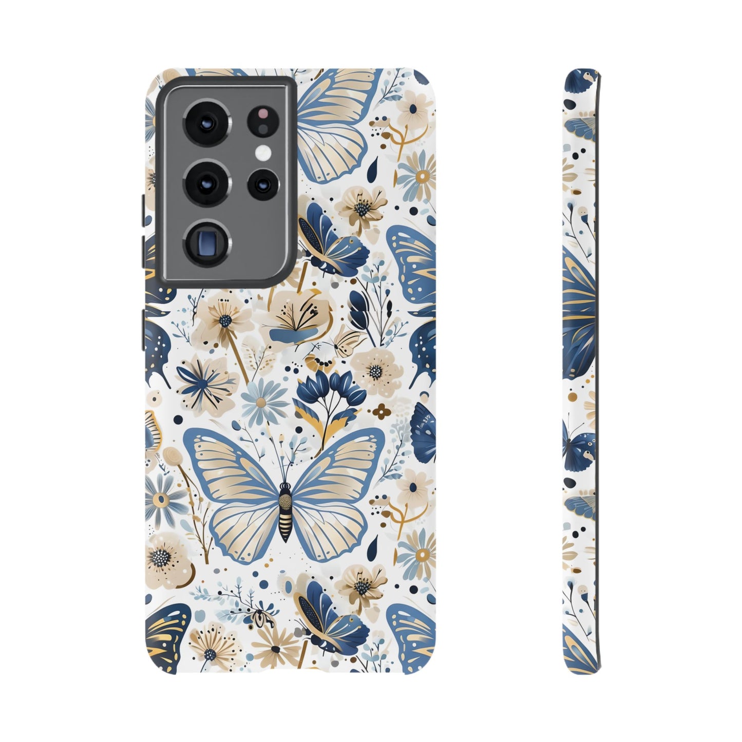 Blue & Gold Butterfly Floral Phone Case - Seamless Pattern Design Cover