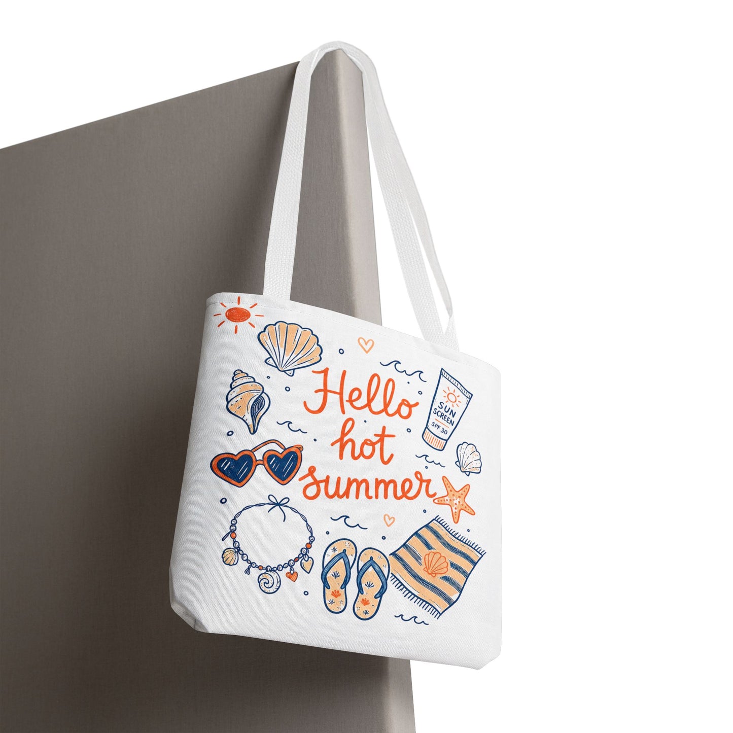 Hello Hot Summer Beach Tote Bag — All-Over Print Vacation Tote with Sunscreen & Seashell Design