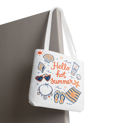 Hello Hot Summer Beach Tote Bag — All-Over Print Vacation Tote with Sunscreen & Seashell Design