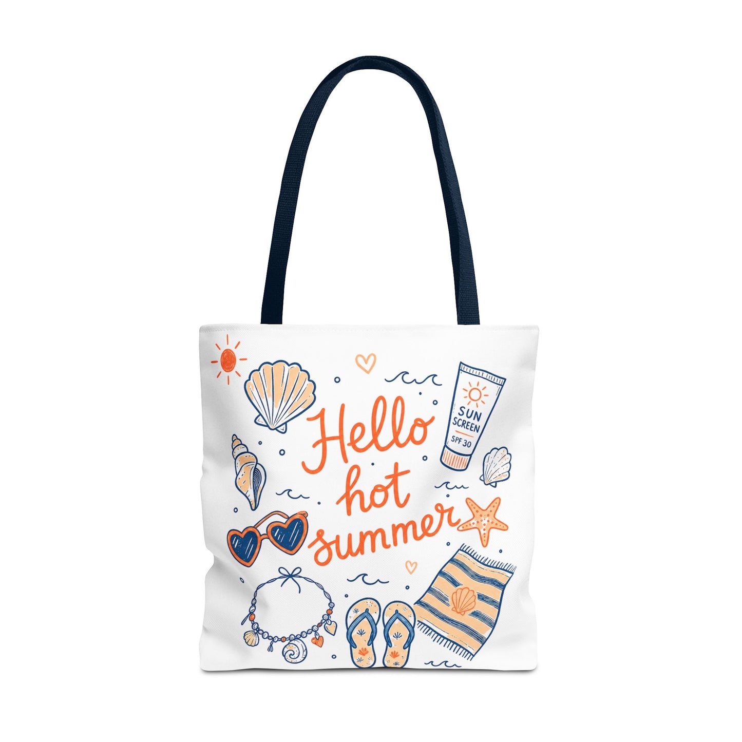 Hello Hot Summer Beach Tote Bag — All-Over Print Vacation Tote with Sunscreen & Seashell Design