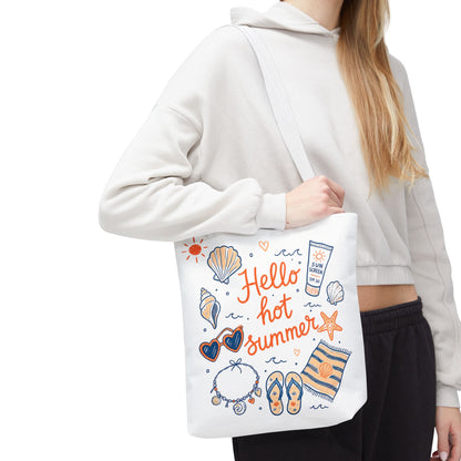 Hello Hot Summer Beach Tote Bag — All-Over Print Vacation Tote with Sunscreen & Seashell Design