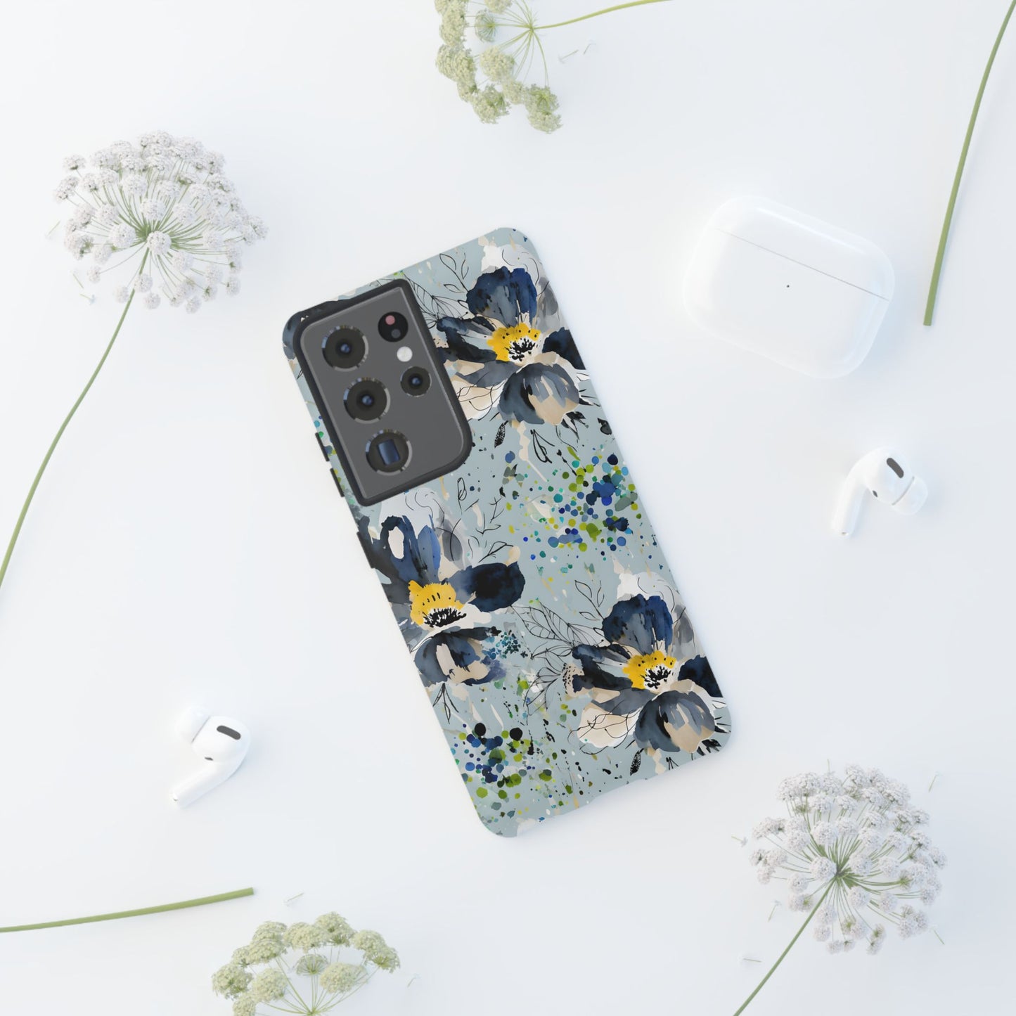 Blue Watercolor Floral Phone Case — Seamless Pastel Flower Protective Design Cover