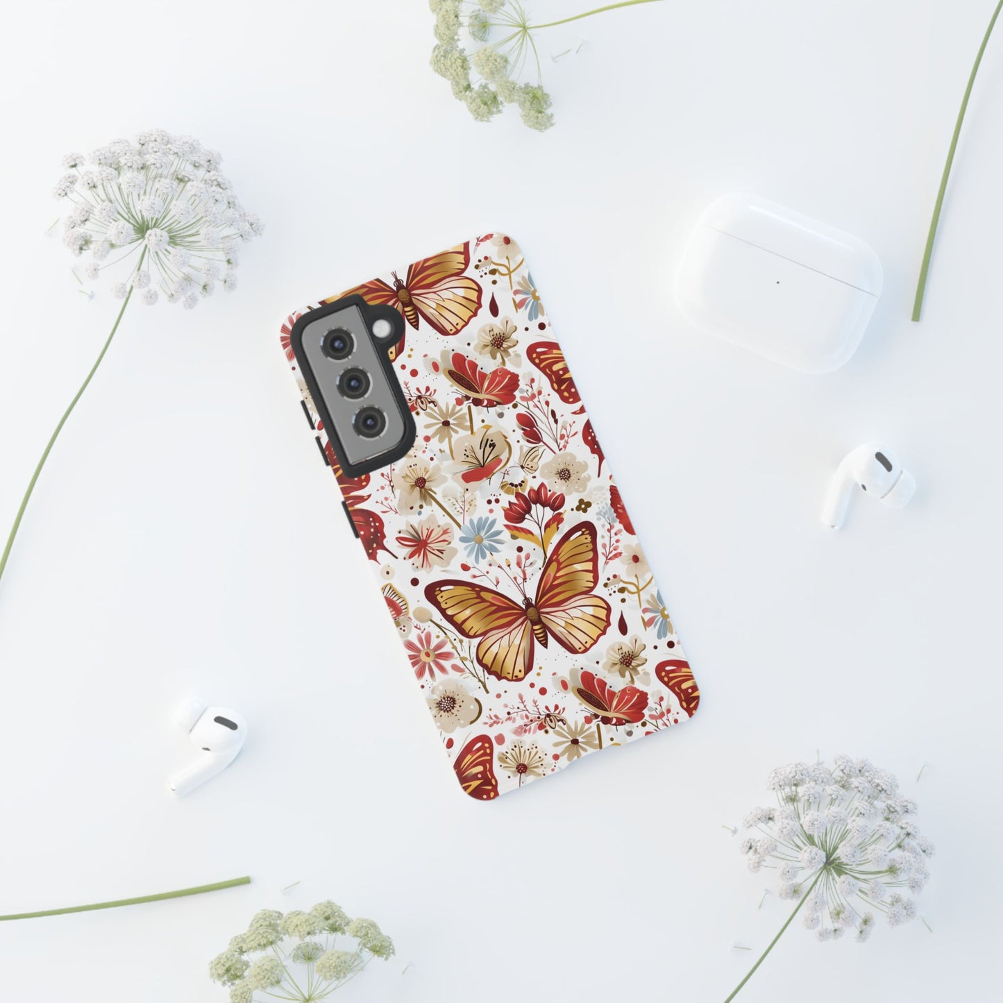 Red & Gold Butterfly Floral Phone Case - Seamless Pattern Design Cover