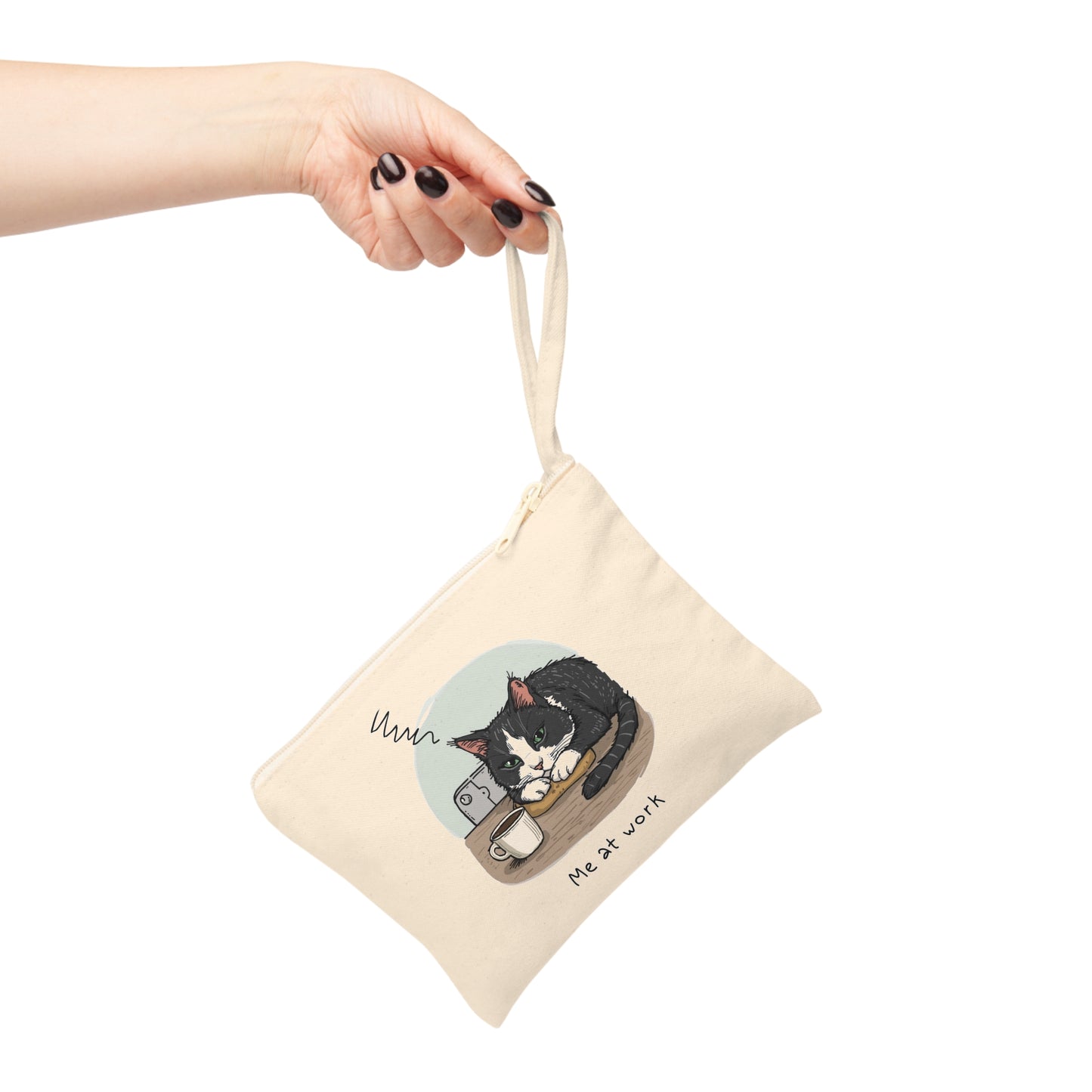 Cat 'Me at Work' Zipper Pouch — Illustration Tuxedo Cat Accessory Bag