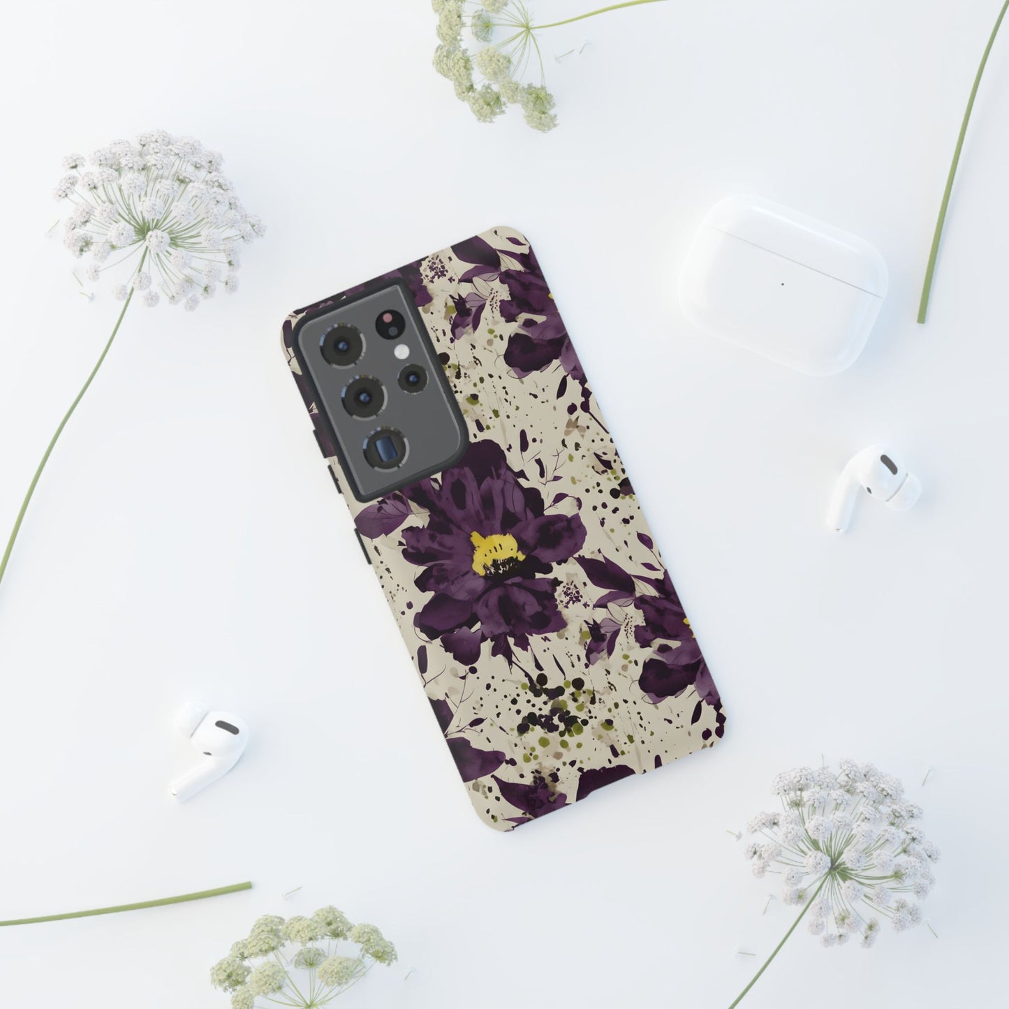 Royral Purple Watercolor Floral Phone Case — Seamless Pastel Flower Protective Design Cover