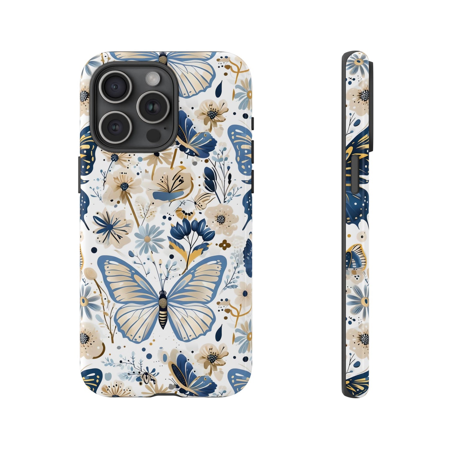 Blue & Gold Butterfly Floral Phone Case - Seamless Pattern Design Cover