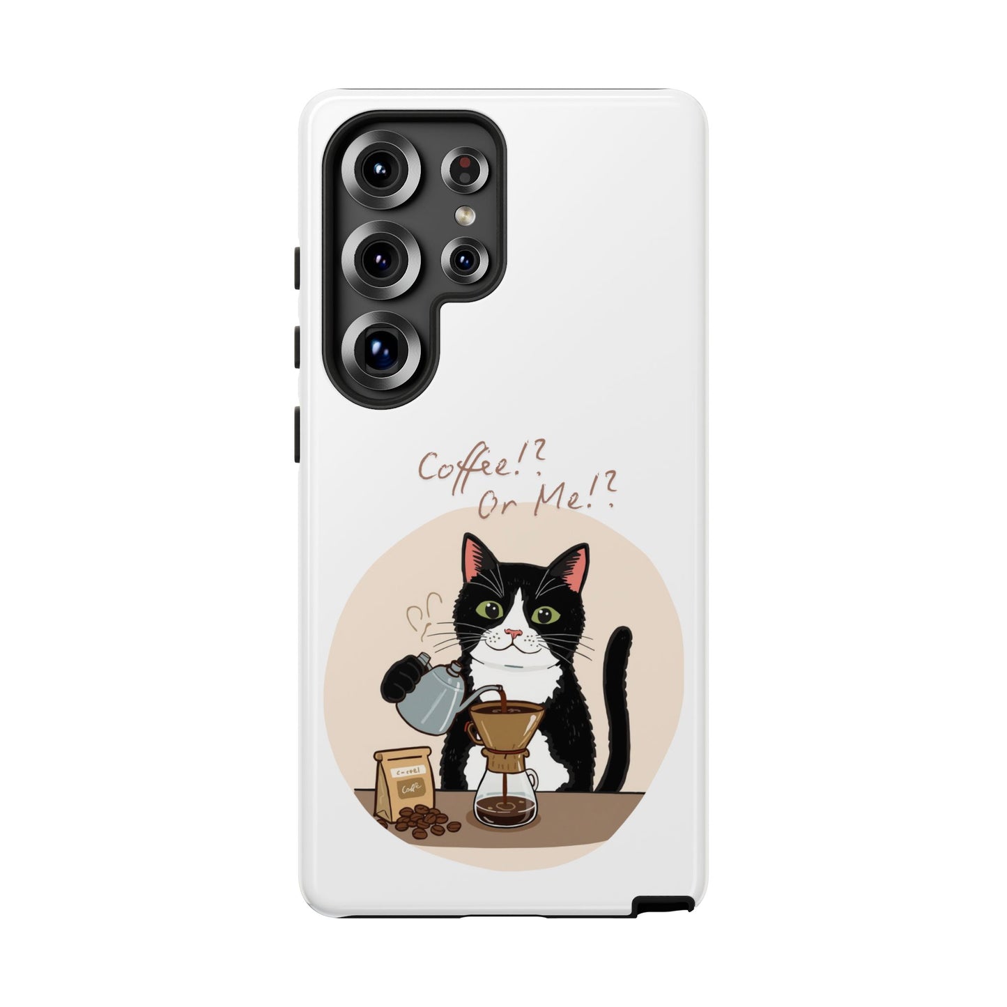 Cat Coffee Phone Case – "Coffee!? Or Me!?" Tuxedo Cat Protective Design Cover