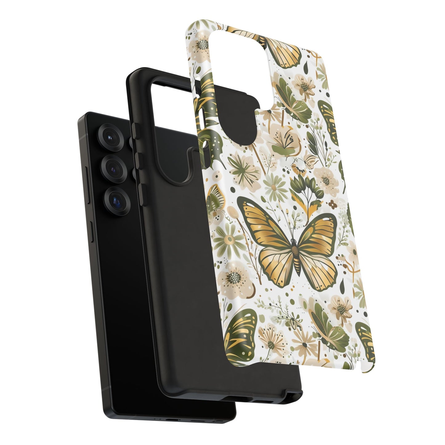 Olive Green & Gold Butterfly Floral Phone Case - Seamless Pattern Design Cover