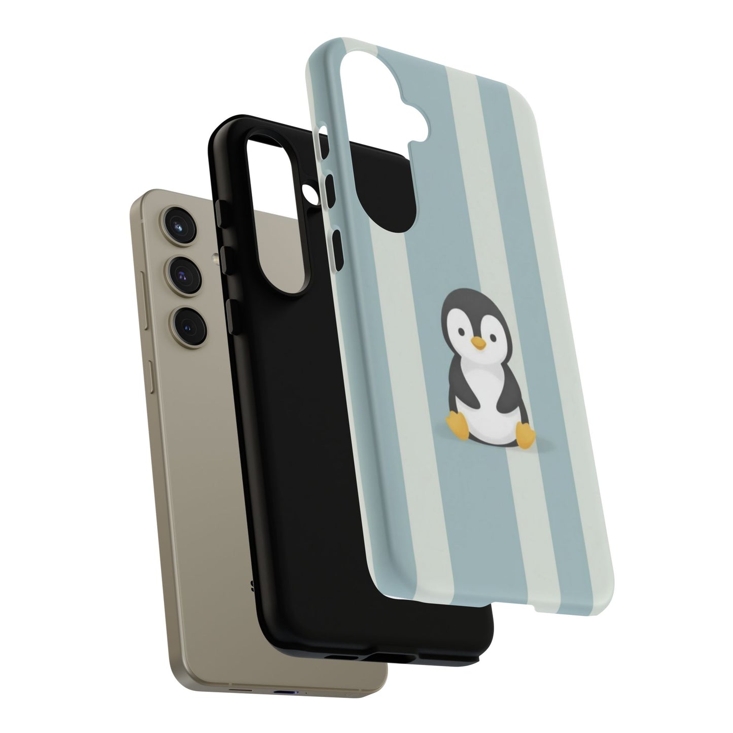 Baby Penguin Sitting Phone Case —  Blue Striped Protective Design Cover